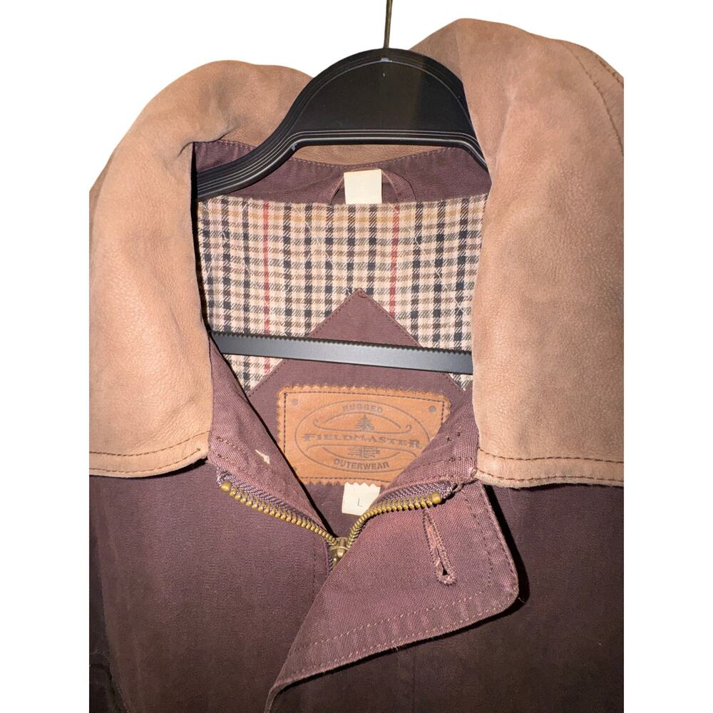 Fieldmaster Men’s Large Brown Canvas Work Jacket Tan Collar Plaid Lined Utility